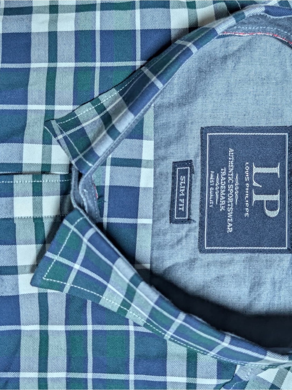 Louis Philippe Blue and Green Plaid Slim Fit Button-Down Shirt